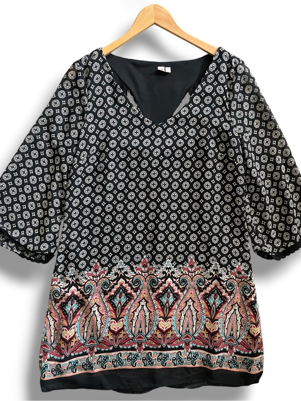 A.U.W. Boho Mini Dress M Black Medallion Print Sheer Bell Sleeve Back Cutout